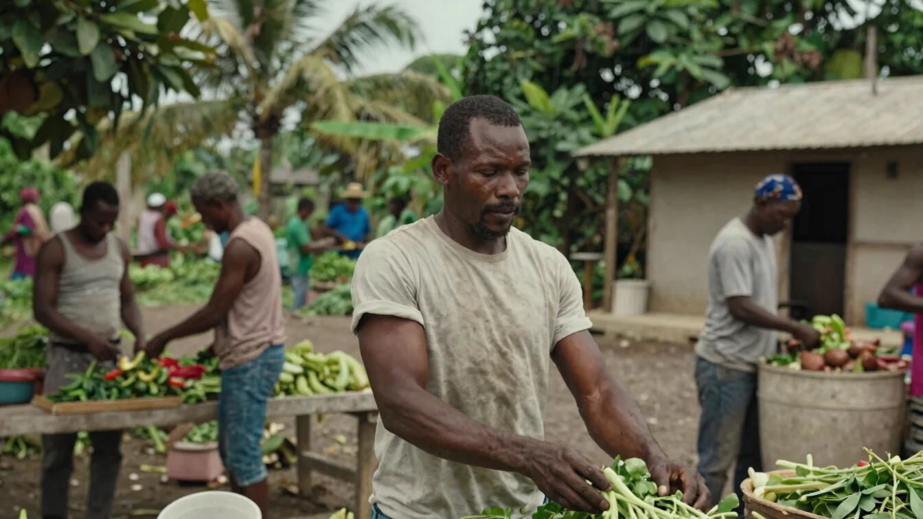 Documentary editorial photograph of Haitian workers in a small ag