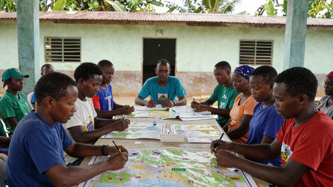 Documentary editorial photograph of a community meeting in a rura