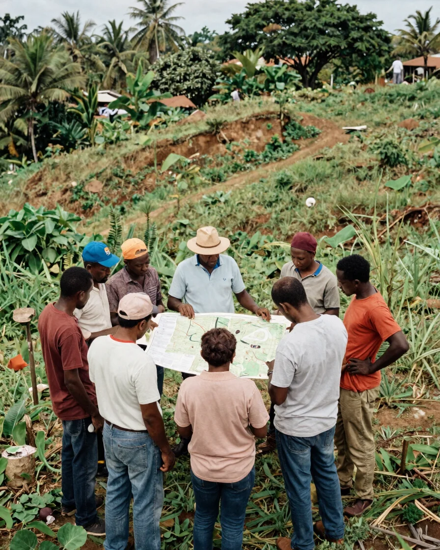 Documentary editorial photograph of a Haitian field working sessi