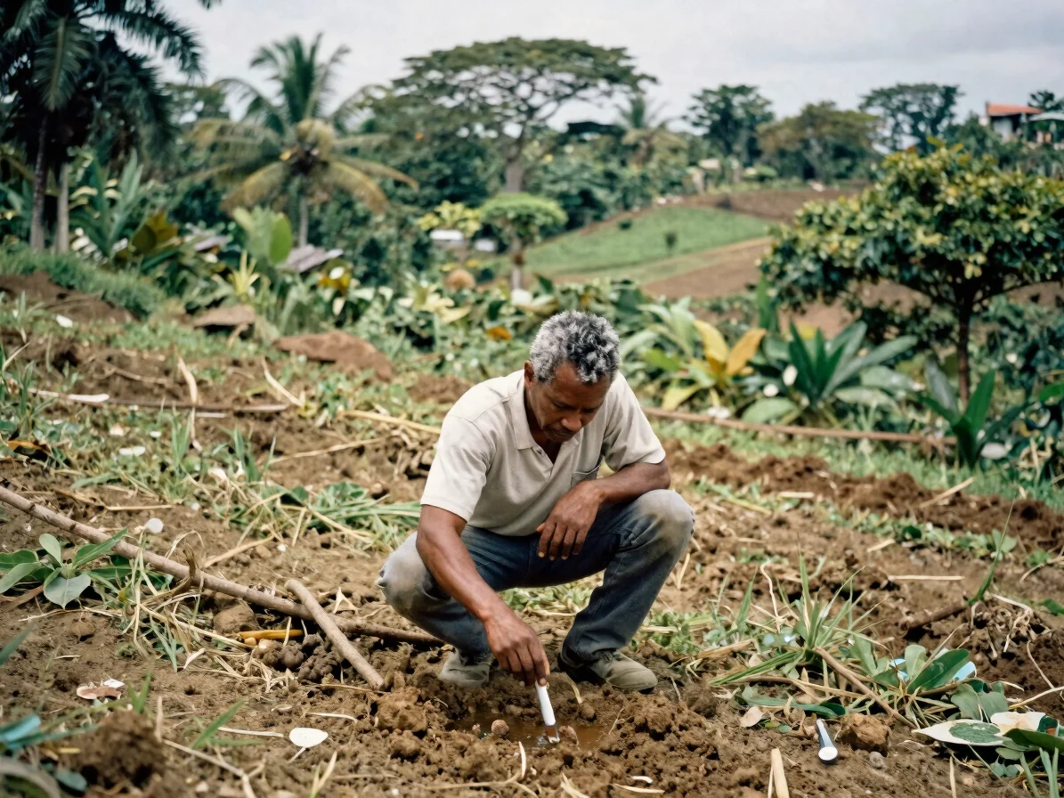 Documentary editorial photograph of a Haitian agronomist measuring soil and water conditions on a hillside farm plot, na