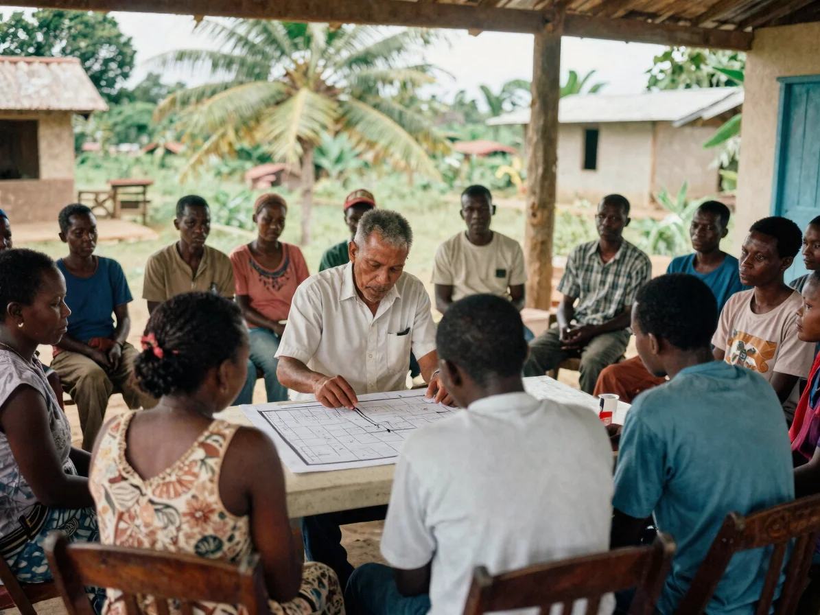Documentary editorial photograph of a community meeting in a rural Haitian village hall, local officials and residents s
