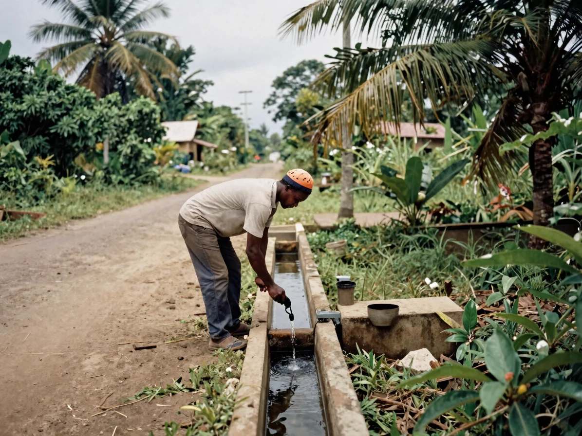 Documentary editorial photograph of a Haitian infrastructure worker inspecting a small gravity-fed water channel beside