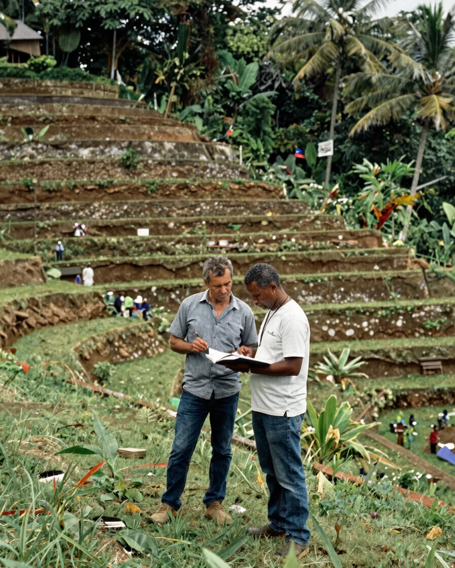 Documentary editorial photograph of a Haitian agronomist and a co